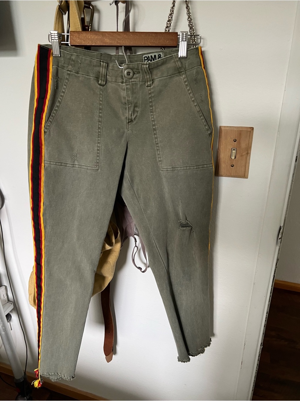 Pam & Gela Olive Green Cargo Pants with Multicolor Side Stripes